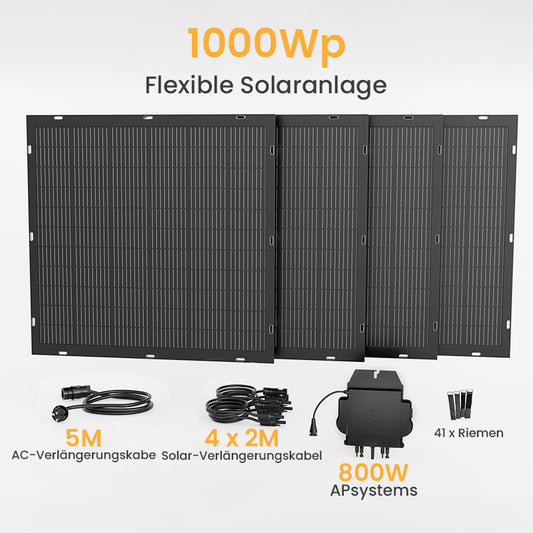 Balkonkraftwerk 1000Wp Flexibles Solarpanel/ 800W EZ1-M APSYSTEMS Wechselrichter (auf 600W gedrosselt, wird automatisch auf 800W freigeschaltet)