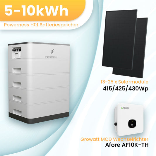 Hochspannung Speichersystem, Powerness H01 Batteriespeicher 5-10kWh, Growatt MOD Wechselrichter 5-10kW, 13-25 stücke Solarmodule, 3-phasig