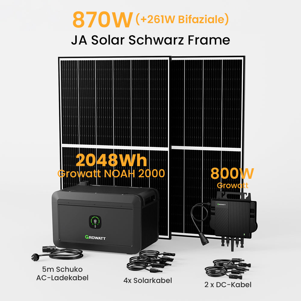 Growatt NOAH 2000 Balkonkraftwerk mit Speicher, 2048/4096/6144/8192Wh, 870/880/1740/1760W Bifaziale Solarmodule