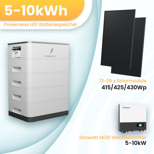 Hochspannung Speichersystem, Powerness H01 Batteriespeicher 5-10kWh, Growatt SPH Wechselrichter 5-10kW, 13-25 stücke Solarmodule, 3-phasig