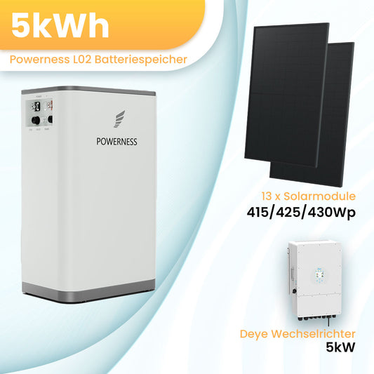 Niederspannung Speichersystem, Powerness L02 Batteriespeicher 5kWh, Deye Wechselrichter SG04LP3-EU 5kW, 13 stücke Solarmodule, 3-phasig