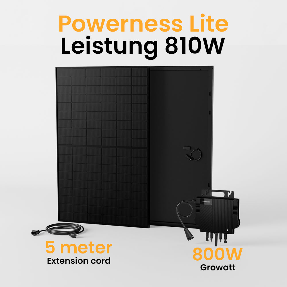 Powerness Lite Balkonkraftwerk Set, 810Wp Solaranlage, Full Black Solarpaneel, Growatt 800W /HERF 800W Wechselrichter