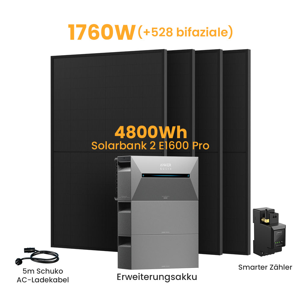 Anker Solix Solarbank 2 E1600 Pro 4800/6400Wh Balkonkraftwerk Set, 1620/1760W Solarmodule