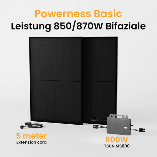 Powerness Basic Balkonkraftwerk Set, 850/870Wp Bifaziale Solaranlage, 800W TSUN TSOL-MS800 Wechselrichter, JA Solar Solarmodul deal