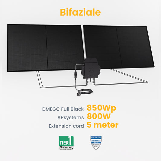 Balkonkraftwerk 850Wp DMEGC Bifaziales Full Black/800W EZ1-M APSYSTEMS Wechselrichter (auf 600W gedrosselt, wird automatisch auf 800W freigeschaltet)/ mit 5m Anschlusskabel