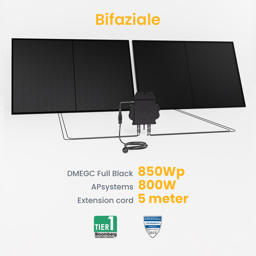 Balkonkraftwerk 850Wp DMEGC Bifaziales / 830Wp JA Solar Full Black Solarmodul, 800W Deye / Growatt / APsystems Wechselrichter