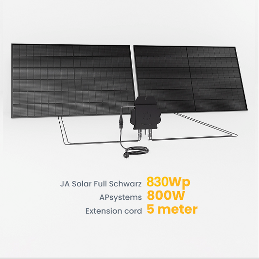 Balkonkraftwerk 830Wp JA Solar Full Black Solarmodul, 800W APsystems Wechselrichter (auf 600W gedrosselt, wird automatisch auf 800W freigeschaltet)