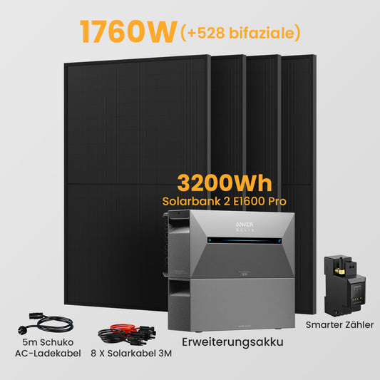 Anker Solix Solarbank 2 E1600 Pro 3200Wh Balkonkraftwerk Set, mit Smarter Zähler