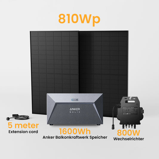 Balkonkraftwerk mit 1600Wh Anker SOLIX Solarbank, 800W Wechselrichter (auf 600W gedrosselt, wird automatisch auf 800W freigeschaltet), Solarmodul 810Wp