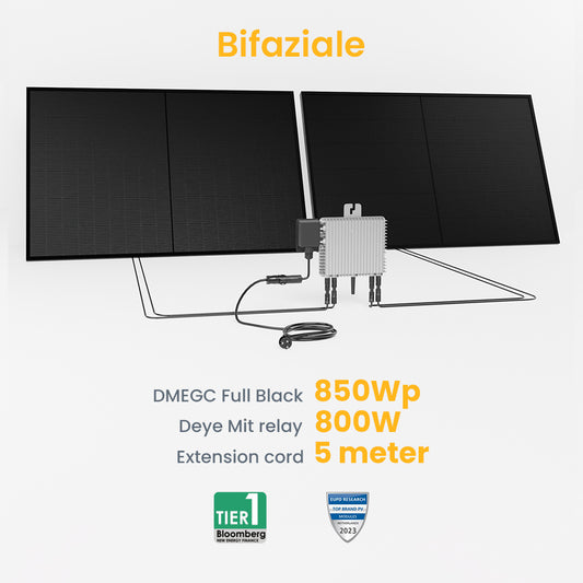 Balkonkraftwerk 850Wp DMEGC Bifaziales Full Black N-Doppelglas-Monomodul Paneel/800W Deye Wechselrichter/ mit 5m Anschlusskabel, Komplettanlage, Solaranlage
