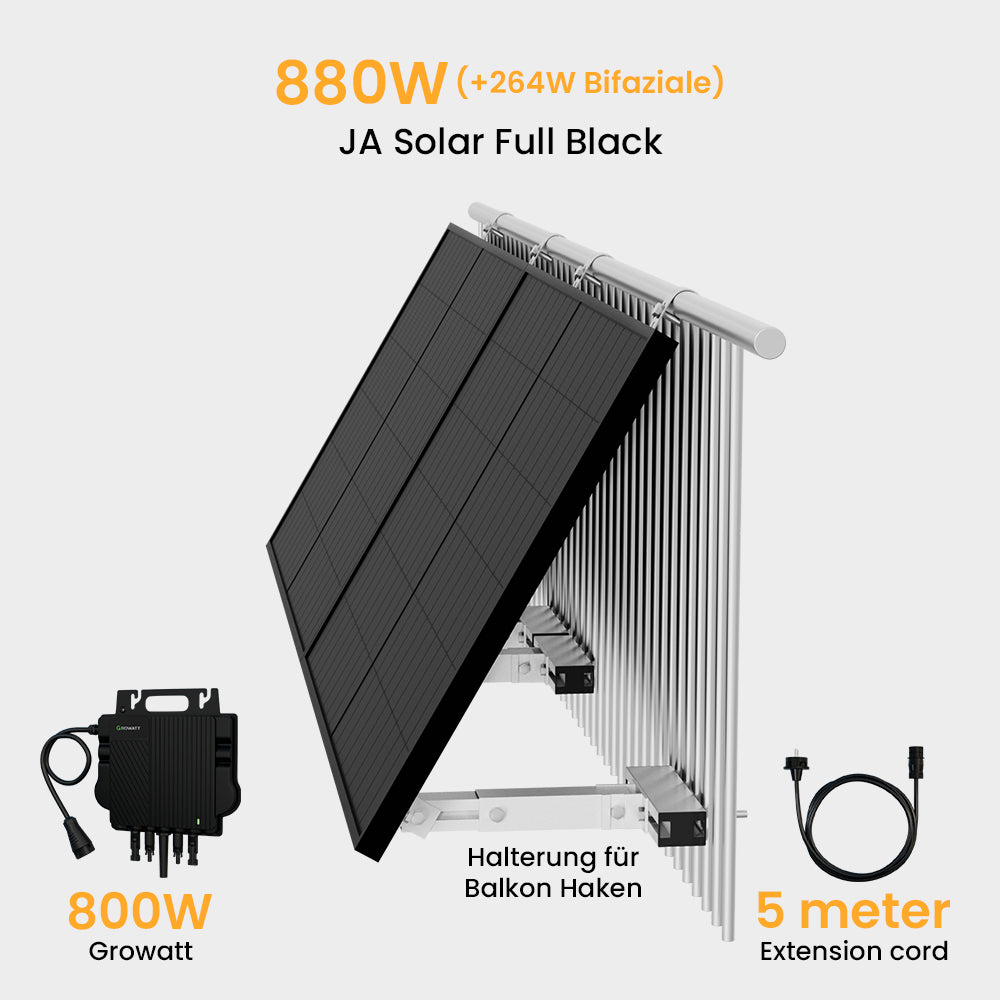 Growatt Balkonkraftwerk Set mit Halterung, 810 Full Black/880Wp Bifaziale Solarmodule, 800W Wechselrichter