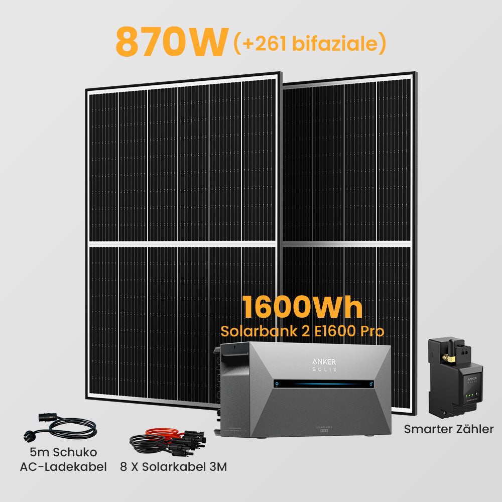 Anker Solix Solarbank 2 E1600 Pro 1600Wh Balkonkraftwerk Set, 870/880/1740/1760W Bifaziale Solarmodule, mit Smarter Zähler