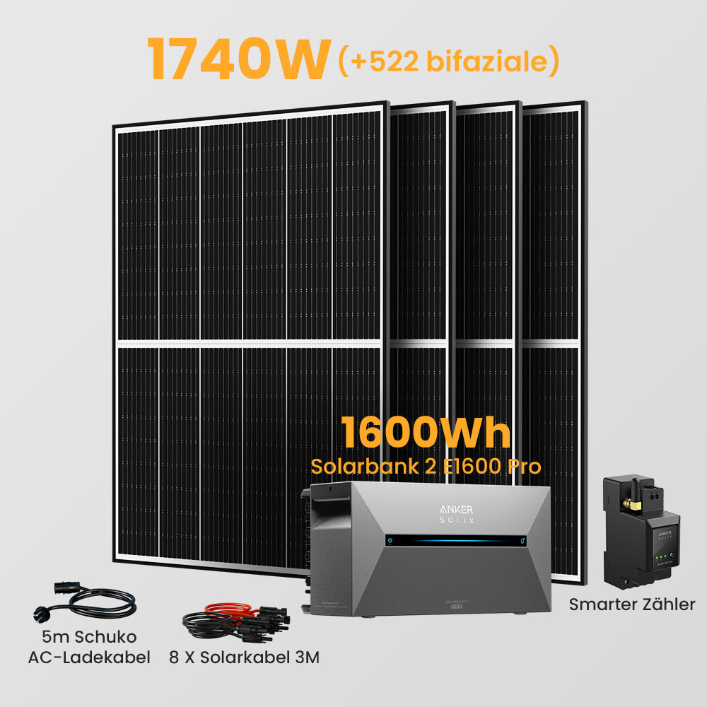 Anker Solix Solarbank 2 E1600 Pro 1600Wh Balkonkraftwerk Set, 870/880/1740/1760W Bifaziale Solarmodule, mit Smarter Zähler