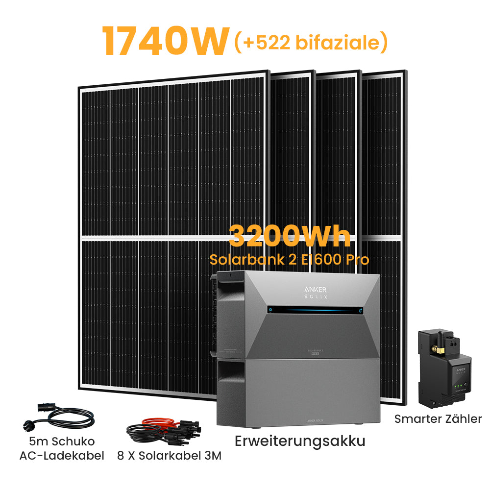 Anker Solix Solarbank 2 E1600 Pro 3200Wh Balkonkraftwerk Set, mit Smarter Zähler