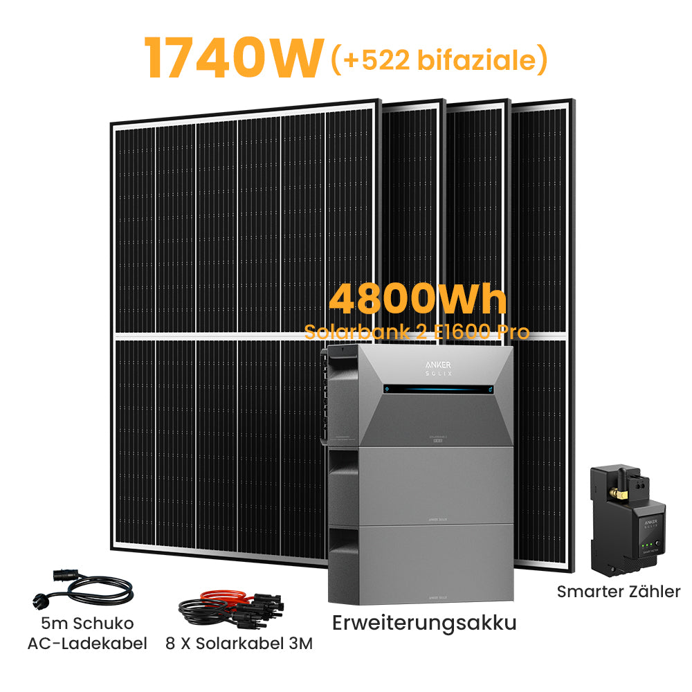 Anker Solix Solarbank 2 E1600 Pro 4800/6400Wh Balkonkraftwerk Set, 1620/1760W Solarmodule, mit Smarter Zähler