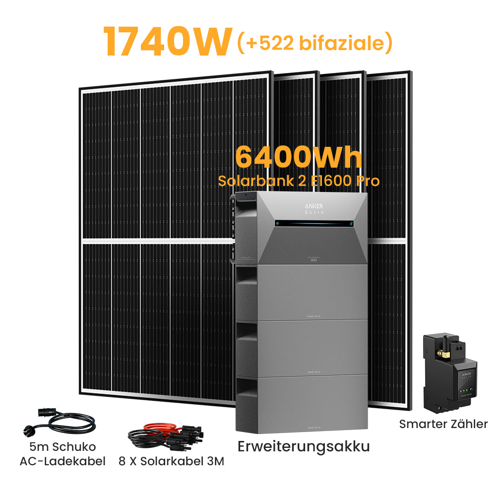 Anker Solix Solarbank 2 E1600 Pro 4800/6400Wh Balkonkraftwerk Set, 1620/1760W Solarmodule, mit Smarter Zähler