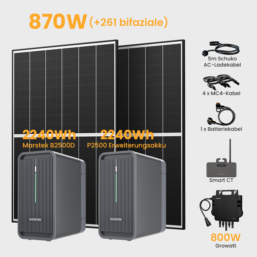 Balkonkraftwerk mit Marstek B2500-D Batteriespeicher, 2240/4480/6720Wh, Growatt 800W, 870/880Wp Solarmodule