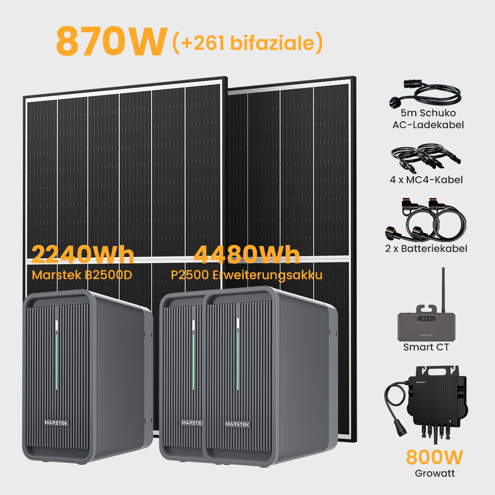 Balkonkraftwerk mit Marstek B2500-D Batteriespeicher, 2240/4480/6720Wh, Growatt 800W, 870/880Wp Solarmodule